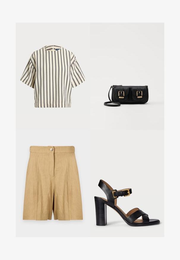 Short-sleeve, striped top in cream and navy, featuring a round neckline and boxy design with a textured fabric.; Beige linen shorts with a structured waistband, a single front button, and two front pleats for a tailored look.; Black leather heeled sandals with a cross-over strap design and a buckle closure. Features a chunky heel and smooth texture.; Black leather crossbody bag with two front pockets, gold buckles, zipper closure, and a slim strap. Textured surface and compact rectangular shape.