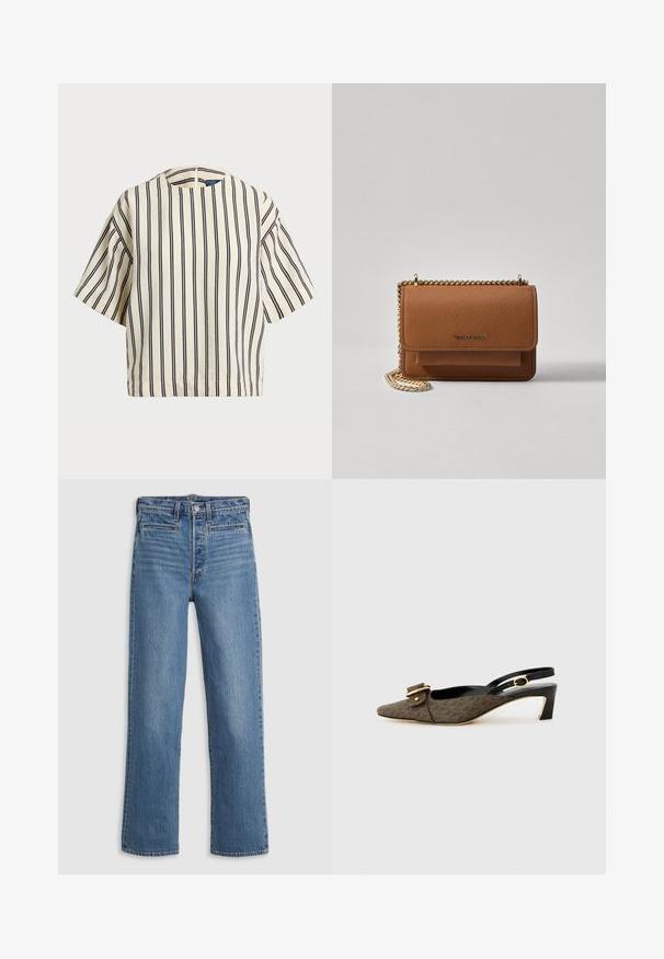 Lyhythihainen, raidallinen paita kirkas- ja tummansinisen sävyissä, jossa on pyöreä pääntie ja laatikkomainen muotoilu tekstuuritetussa kankaassa.; Vaaleansiniset suorat farkut, jotka on valmistettu denimistä. Ominaisuuksiin kuuluvat nappisulku, viisi taskua ja hienovarainen kuluminen. Ei koristeita eikä kuvioita.; Sandal tumitalo dengan ujung runcing, kain bermotif coklat, detail gesper emas, tali kulit hitam, dan tumit blok pendek.; Ruskean teksturoidun nahkasta valmistettu crossbody-laukku, jossa on kultaketjuhihna ja läppäkiinnitys. Edessä on logodetail ja tasku läppäisen alla.