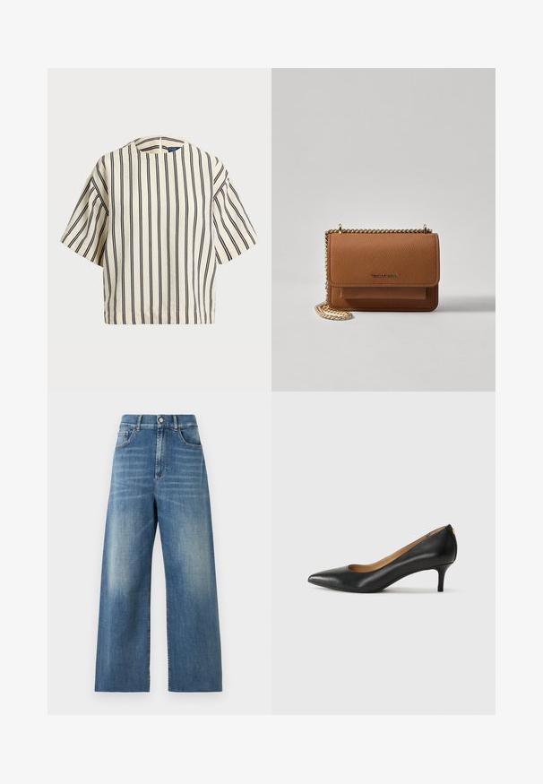 Korte mouwen, gestreepte top in crème en marineblauw, met een ronde halslijn en een boxy ontwerp van een textuurstof.; Hooggeriye, wijde spijkerbroek van blauw denim met een vervaagde afwerking. Kenmerken zijn onder andere voorzakken en een enkele knoopsluiting.; Zwarte leren pump met een puntige teen, lage hak en een gladde textuur. Heeft een lichte opening aan de voorkant en minimale hardware aan de achterkant.; Bruine lederen schoudertas met textuur, voorzien van een gouden kettingstrap en klepsluiting. De voorkant heeft een logo-detail en een zak onder de klep.