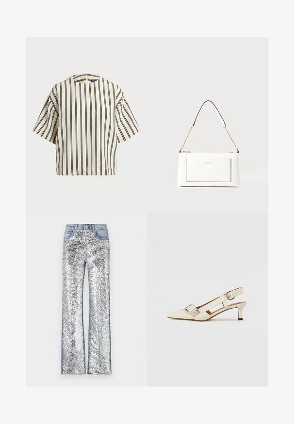 Short-sleeve, striped top in cream and navy, featuring a round neckline and boxy design with a textured fabric.; Silver sequin jeans featuring a flared design, with a denim waistband and sides, creating a textured, reflective surface.; White leather slingback shoe with a pointed toe, small heel, and adjustable strap featuring a prominent silver buckle detail.; White leather handbag with a textured finish, featuring a gold chain strap and black accents. Includes a front pocket and zipper closure.