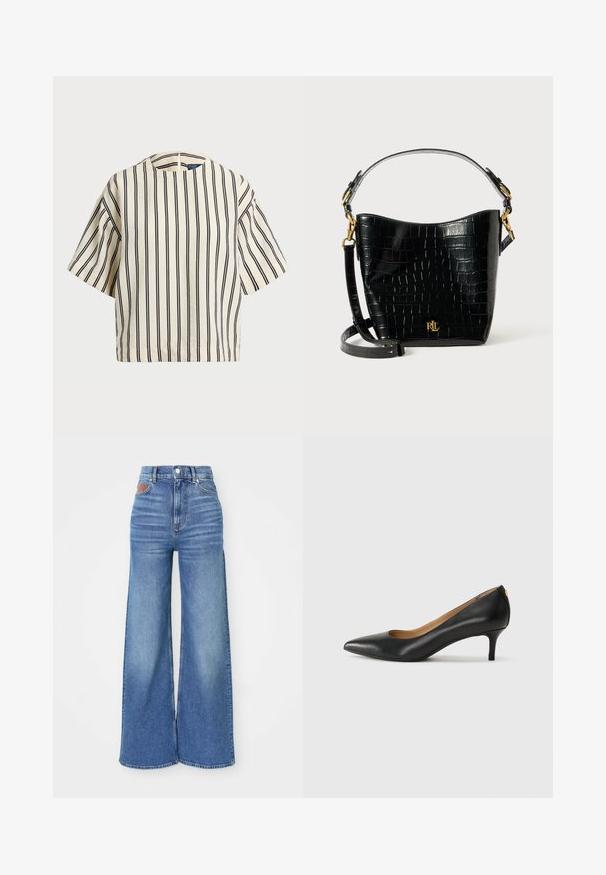 Kreklus, svītrainā blūze ar īsām piedurknēm, krēmkrāsā un tumši zilā tonī, ar apaļu apkakli un kvadrātveida dizainu, izgatavota no teksturētas auduma.; Augsts vidukļa platās kājas džinsi gaiši zilā denīmā ar nelielu izbalējušu efektu, ar pogu aizdari un ādas akcentu aizmugurējā jostasvietā.; Melnas ādas augstpapēžu kurpes ar pīlādžu purngalu, zemu papēdi un gludu virsmu. Raksturīga neliela atvere priekšā un minimāls aprīkojums aizmugurē.; Melnas krokodila raksts ādas soma ar izliekta formu, zelta aparatūru, regulējamu siksnu un logotipa detaļu priekšpusē.