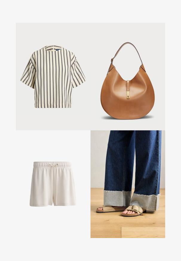 Short-sleeve, striped top in cream and navy, featuring a round neckline and boxy design with a textured fabric.; Cream-colored shorts made of soft material, featuring an elastic waistband with a drawstring and basic hem design.; Feet wearing beige Birkenstock sandals with gold buckles, paired with dark blue denim jeans rolled up at the cuffs, standing on wooden floor.; Tan leather handbag with a curved shape and a wide shoulder strap. Features a gold metal accent at the center and smooth texture.
