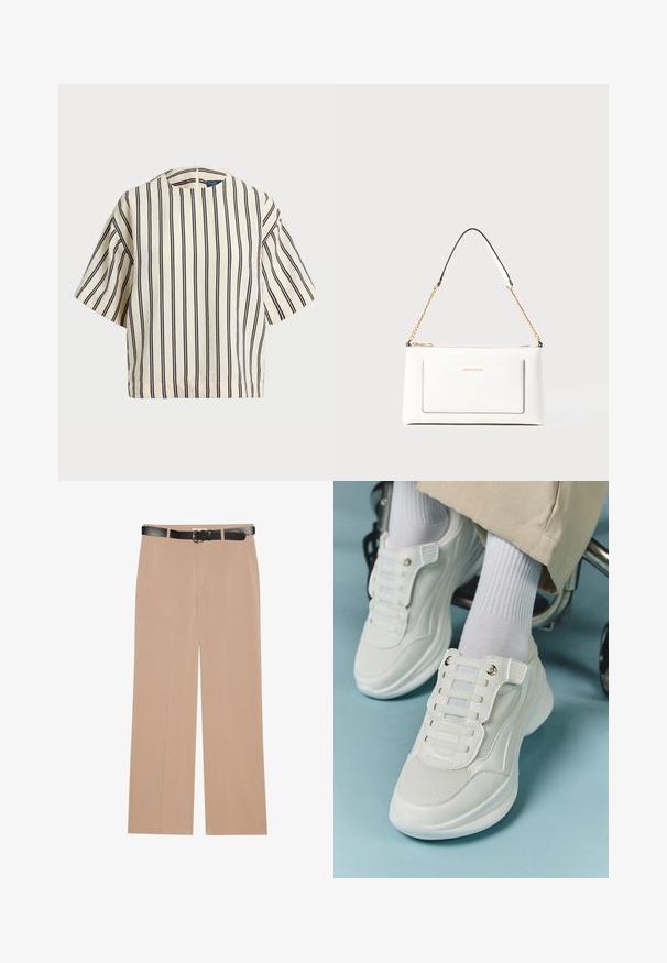 Kurzärmliges, gestreiftes Oberteil in Creme und Marineblau, mit rundem Halsausschnitt und kastiger Form aus strukturiertem Stoff.; Beige weite Hosen mit einer glatten Textur, ausgestattet mit einem schwarzen Gürtel mit einer silbernen Schnalle und zwei Seitentaschen.; Weiße Sneaker aus Mesh-Material, mit Gummisohle, schnürfreiem Design mit elastischen Bändern und goldfarbenen Akzenten.; Weißes Lederhandtasche mit strukturierter Oberfläche, ausgestattet mit einem goldenen Kettenriemen und schwarzen Akzenten. Enthält eine Fronttasche und einen Reißverschluss.