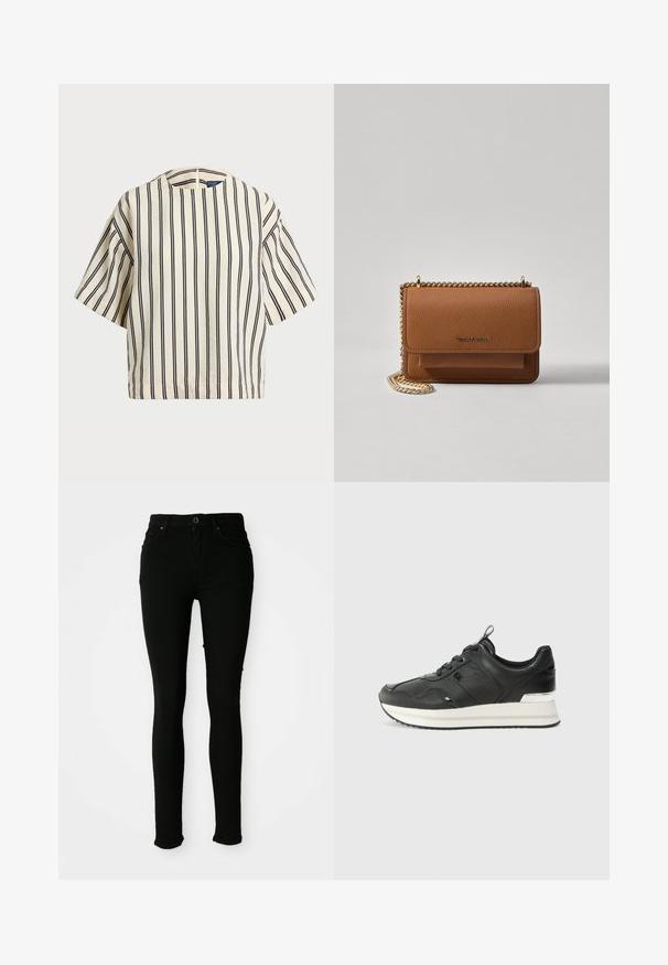 Kratek rokav, prugast top v kremni in mornarsko modri barvi, z okroglim izrezom in kvadratnim dizajnom ter teksturirano tkanino.; Črne skinny jeans hlače iz denima z gladko teksturo, z zapiranjem na gumb, zankami za pas in brez vidnih poškodb.; Črne usnjene superge z gladko teksturo, ki imajo okroglo špico, sprednje vezanje in belo ter srebrno akcente na podplatu.; Rjava teksturirana usnjena torba čez ramo z zlatim verižnim trakom in zapiranjem na pokrov. Spredaj je vidna podrobnost logotipa in žep pod pokrovom.