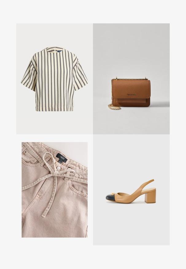 Korte mouwen, gestreepte top in crème en marineblauw, met een ronde halslijn en een boxy ontwerp van een textuurstof.; Lichtroze denim broek met een strikceintuur, voorzien van een knoop aan de voorkant, riemlussen en twee zakken aan de voorkant, met een gestructureerde stof.; Beige leren slingback schoen met een zwarte ronde neus, vierkante hak en een decoratieve gouden accent aan de voorkant. Gladde textuur overal.; Bruine lederen schoudertas met textuur, voorzien van een gouden kettingstrap en klepsluiting. De voorkant heeft een logo-detail en een zak onder de klep.
