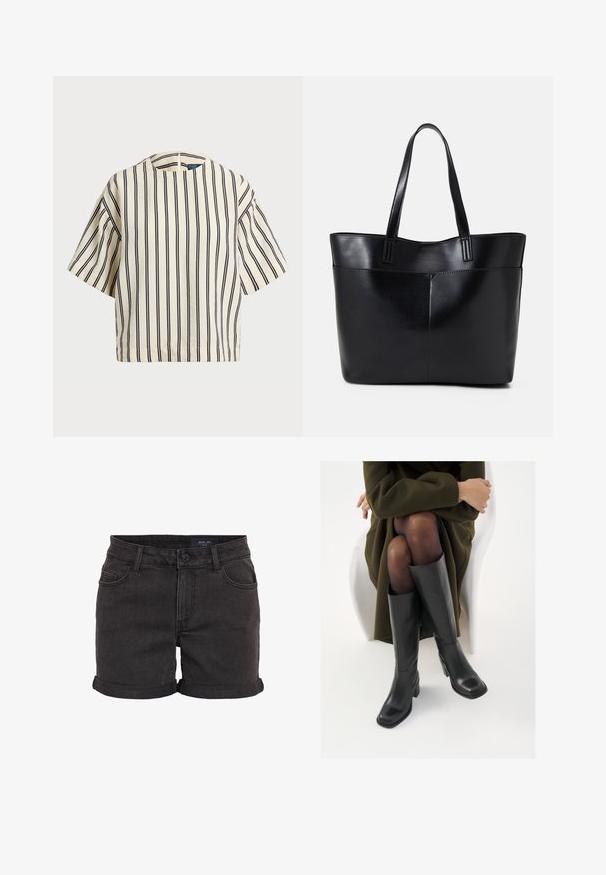 Rövid ujjú, csíkos felső krém és tengerészkék színben, kerek nyakkivágással és dobozos fazonnal, texturált anyagból.; Fekete farmer sort, felhajtott szegéllyel, öt zsebes dizájnnal és gombos záródással a deréknál. Sima tapintású, laza szabású.; Térdfelett érő fekete bőr csizmák négyzet alakú orral és tömbtalppal, olajzöld kabátban ülő modellel bemutatva. Simaság, minimalista részletezés.; Fekete bőr bevásárlótáska két hosszú fogantyúval, sima felülettel és strukturált formával. Elülső zseb található rajta a plusz tárolás érdekében.