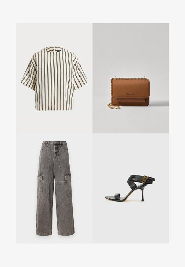 Kreminės ir tamsiai mėlynos juostelės trumpų rankovių marškinėliai, turi apvalų iškirpimą ir dėžutės tipo dizainą, pagaminti iš tekstūruotos medžiagos.; Pilkos džinsinės kargo kelnės su platėjančiomis kojomis, keliomis priekinėmis kišenėmis, sustiprintomis siūlėmis ir aukštu juosmeniu.; Juodi kulniškų sandalai su kryžminėmis juostelėmis ir reguliuojamu sagtimi. Ypatybė – lygus paviršius ir siauras smailas kulnas.; Ruda tekstūruota odinė per petį nešama rankinė su auksiniu grandininiu dirželiu ir užlenkiamo užsegimo. Priekinėje pusėje yra logotipo detalė ir kišenė po užlenkimu.