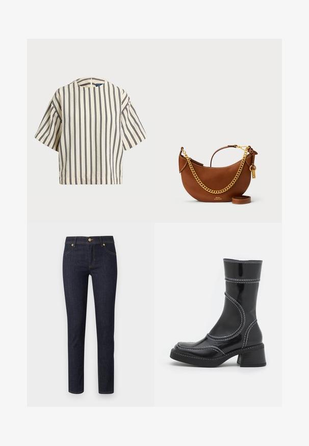 Top de manga curta, riscado em creme e azul marinho, com decote redondo e design boxy em tecido texturizado.; Versace Jeans Couture Jeggings - indigo; Bota de tornozelo em pele sintética preta com costura branca, bico redondo e salto bloco. Apresenta linhas de design curvas e uma textura suave.; Bolsa de mão de couro castanho com um design curvado, alça de corrente dourada, bolso interior e uma alça de ombro destacável. Apresenta costura em contraste.