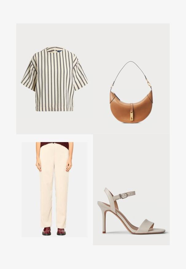 Kreklus, svītrainā blūze ar īsām piedurknēm, krēmkrāsā un tumši zilā tonī, ar apaļu apkakli un kvadrātveida dizainu, izgatavota no teksturētas auduma.; Beige korduroja bikses ar taisnu kāju dizainu, plašām kājām un ribotu tekstūru, apvienotas ar spīdīgām bordo krāsas kurpēm.; Bēšas augstpapēžu sandalītes ar gludu ādas apdari, atvērtu purngalu, platu priekšējo siksniņu un regulējamu potītes siksniņu ar metāla sprādzi.; Brūnas ādas rokassomi ar izliekta formu, zeltīta aparatūra un plāns plecu siksniņš. Aprīkota ar rāvējslēdzēja aizdari un logo detaļu uz priekšpuses.