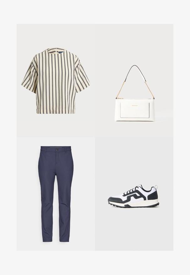 Kreminės ir tamsiai mėlynos juostelės trumpų rankovių marškinėliai, turi apvalų iškirpimą ir dėžutės tipo dizainą, pagaminti iš tekstūruotos medžiagos.; Tamsiai mėlynos kelnės, pagamintos iš elastingos medžiagos su lygiu paviršiumi, turinčios standartinį juosmenį su sagute ir siaurėjančiomis kojomis.; Balti ir balti žemi sportbačiai su raštuota guma apatine dalimi ir zigzagu iš šono, rodomi iš išorinės pusės ant vienspalvio fono.; Balta odinė rankinė su tekstūruotu paviršiumi, turinti auksinį grandinėlės dirželį ir juodas detales. Įskaičiuota priekinė kišenė ir užtrauktuko uždarymas.