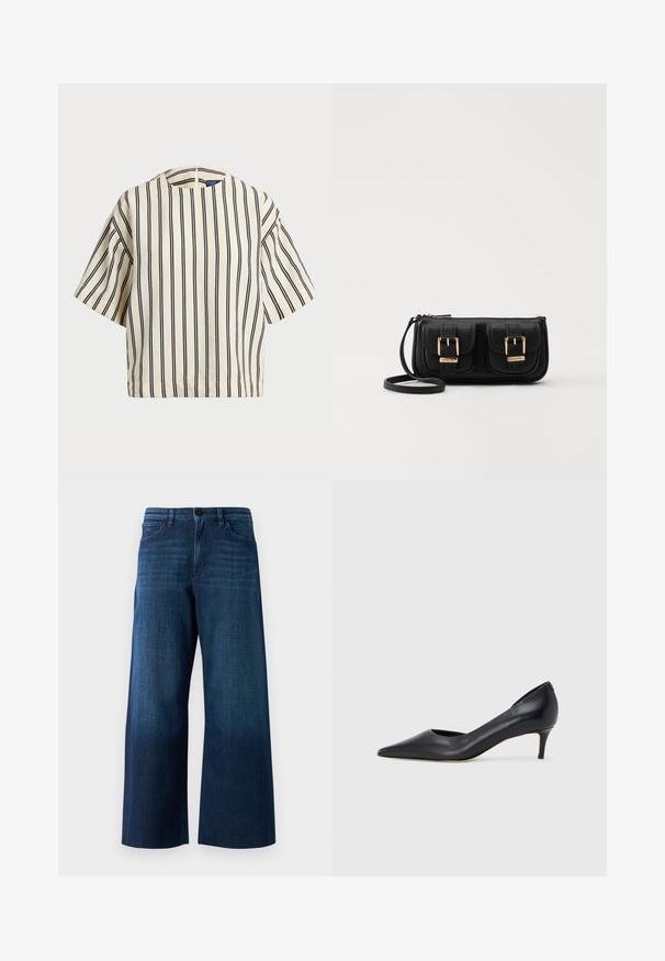 Rövid ujjú, csíkos felső krém és tengerészkék színben, kerek nyakkivágással és dobozos fazonnal, texturált anyagból.; Sötétkék, bő szabású farmernadrág, elülső gombbal, övhurokkal és klasszikus öt zsebes kialakítással, egyszínű háttér előtt.; Fekete bőr magassarkú cipő hegyes orral és alacsony sarokkal. Sima felülettel és enyhe fényű kialakítással rendelkezik. Az elején nyitott részlet a fokozott díszítésért.; Fekete bőr keresztbody táska két elülső zsebbel, arany csattokkal, cipzáras záródással és vékony pánttal. Textúrált felület és kompakt téglalap alak.