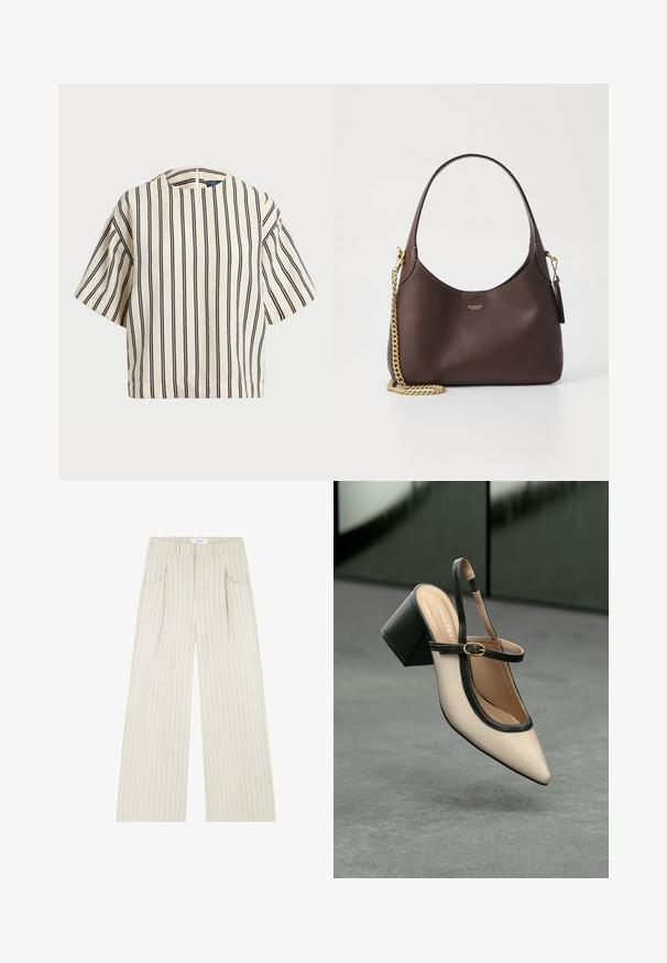 Short-sleeve, striped top in cream and navy, featuring a round neckline and boxy design with a textured fabric.; Beige wide-leg pants with vertical pinstripes, featuring front pockets, pleats, and a stitched waistband for structure.; Beige pointed-toe slingback shoe with black trim, gold buckle, and a chunky block heel on gray floor with dark green background.; COACH BROOKLYN SHOULDER BAG 23 - Handbag - maple