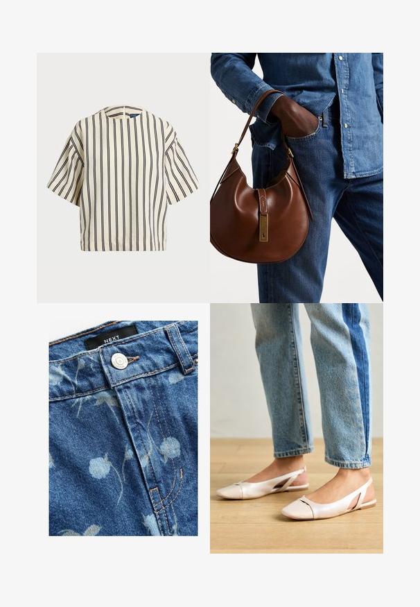 Kreemjas ja tumesinises triibuline lühikeste varrukatega top, millel on ümmargune kaelus ja kastmine disain, valmistatud tekstuurses kangas.; Heledan sinine denimkangas, millel on lilleline muster. Sisaldab hõbedast nööbikinnitust ja pruuni õmblust servadel. Brändi silt on nähtav.; Kahvatu roosa slingback lapikute jalatsite paar, millel on terav varvas, valmistatud siledast nahataolisest materjalist. Omab külgedel lõikekohti ja lapikut kontsa.; Pruun nahast hobo kott ümmarguse kujuga, millel on kuldne metallist detail ja kontrastne õmblus. Koos teksapitsi ja teksastega.