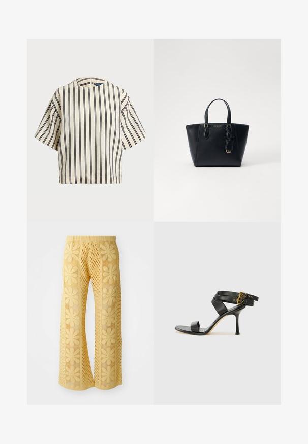 Short-sleeve, striped top in cream and navy, featuring a round neckline and boxy design with a textured fabric.; Yellow crochet pants featuring a floral pattern, wide-leg cut, and an elastic waistband with a textured open knit design.; Black heeled sandal with crossed straps and adjustable buckle. Features a smooth texture and tapered stiletto heel.; Black leather handbag with a structured shape, short dual handles, gold-tone hardware, and a side tag accessory. Smooth, textured finish.