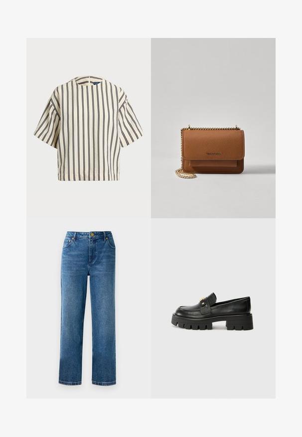T-skjorte med korte ermer, stripet i kremfarge og marineblå, med rund hals og en boxy design i en strukturert stoff.; Blå høyderte bukser med rett benkutt, laget av denim, med fem lommer og detaljer i gullfarget metall.; Sorte skinnloafers med en kraftig såle, med en gulltoneakcent foran og en jevn finish. Kraftig mønsterdesign på sålen.; Brun teksturert lær crossover-veske med gullkjede-stropp og klaffelukking. Fronten har logo-detalj og en lomme under klaffen.