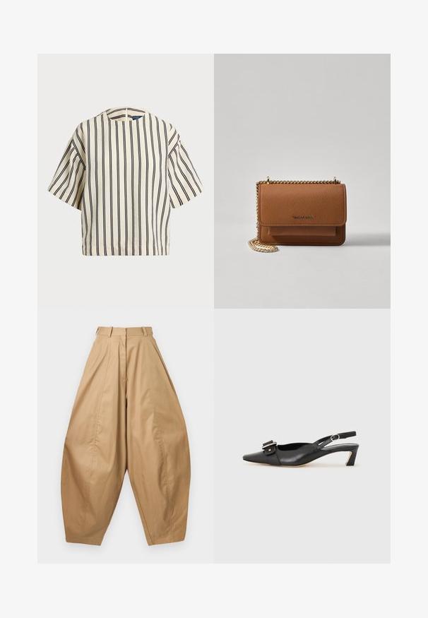 Kortærmet, stribet top i creme og marineblå, med rund halsudskæring og boxy design i et tekstureret stof.; Højtaljede, brede beige bukser med plisseringer, bæltestropper og affasede ben, vist mod en hvid baggrund.; Sorte læder slingback sko med spidse tæer, lille hæl og dekorativ spænde detalje på overdelen. Glat tekstur, minimalistisk design.; Brun tekstureret læder crossover-taske med guldkæde-rem og klaplukning. Forsiden har logo-detalje og en lomme under klappen.