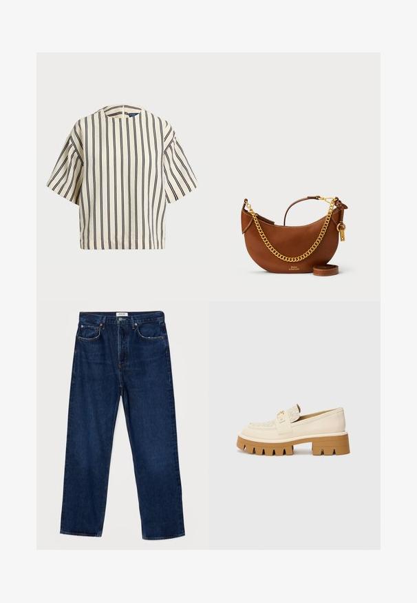 Top de manga curta, riscado em creme e azul marinho, com decote redondo e design boxy em tecido texturizado.; Jeans de denim azul escuro com cintura alta, corte reto, design de cinco bolsos e costuras contrastantes. Apresenta um fecho de botão e passantes para cinto.; Sapatilhas bez em camurça com uma tira texturizada em creme, apresentando uma sola castanha robusta com padrões semelhantes a dentes. Detalhe em dourado na fivela.; Bolsa de mão de couro castanho com um design curvado, alça de corrente dourada, bolso interior e uma alça de ombro destacável. Apresenta costura em contraste.