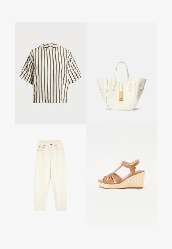 Top de manga corta a rayas en crema y azul marino, con cuello redondo y un diseño cuadrado, confeccionado en una tela texturizada.; Pantalones de mezclilla color crema con piernas rectas, dos bolsillos frontales y detalles en dorado. Textura suave con un diseño clásico.; Sandalias de cuña en tono tostado con diseño de tiras cruzadas, hebilla ajustable en el tobillo y cuña estilo espadrille texturizada y trenzada.; Bolso de tote de cuero blanco con forma estructurada, costuras prominentes, etiqueta de hardware dorado y asas dobles. Superficie texturizada con bolsillos laterales.