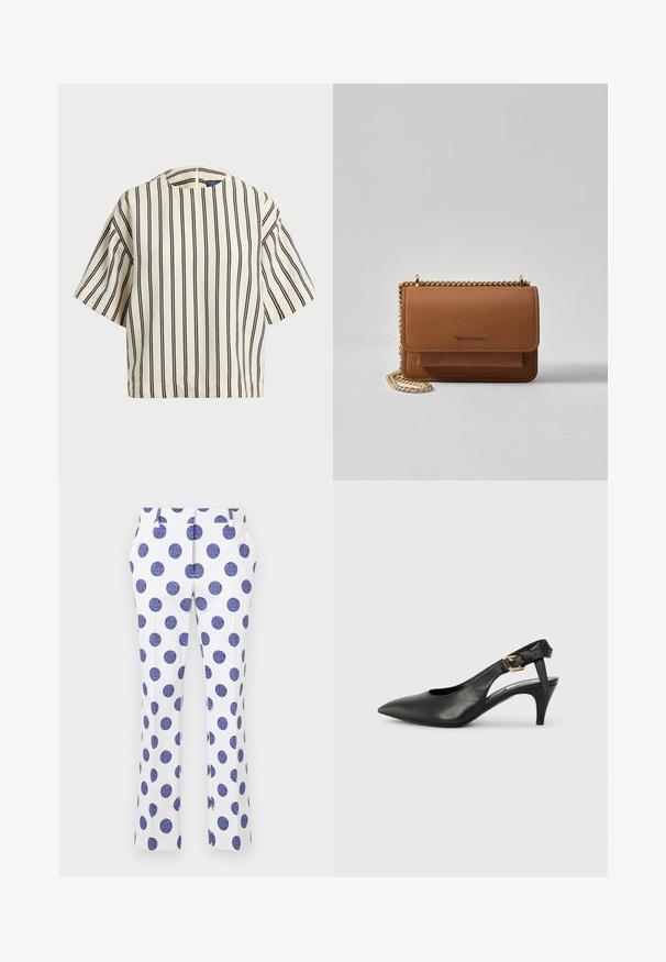Rövid ujjú, csíkos felső krém és tengerészkék színben, kerek nyakkivágással és dobozos fazonnal, texturált anyagból.; Fehér nadrág nagy kék pöttyökkel, lapos elülső résszel, két oldalsó zsebbel és egyenes lábdesignnal. Simogatós anyagú textúra.; Fekete bőr slingback szivattyú hegyes orral, kis sarokkal és csat részlettel a bokapánton. Simaság, minimalista dizájn.; Barna textúrájú bőr keresztbody táska arany lánc pánttal és fedélzárral. Az elején logó részlet és egy zseb található a fedél alatt.