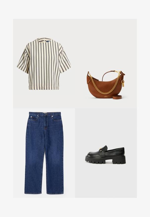 Krátky rukáv, pruhovaný top v krémovej a námorníckej modrej farbe, s okrúhlym výstrihom a štvorcovým strihom z texturovanej tkaniny.; Tmavomodré džínsy s vysokým pásom, rovnými nohavicami, piatimi vreckami a striebornými detailmi. Obsahujú jemné blednutie a šité švy.; Čierne kožené mokasíny s masívnou podrážkou, s akcentom v zlatej farbe na prednej strane a hladkým povrchom. Na podrážke je výrazný dezén.; Hnedá kožená kabelka s zakriveným dizajnom, zlatým reťazovým popruhom, vnútornou kapsou a odnímateľným ramenným popruhom. Obsahuje kontrastné švy.