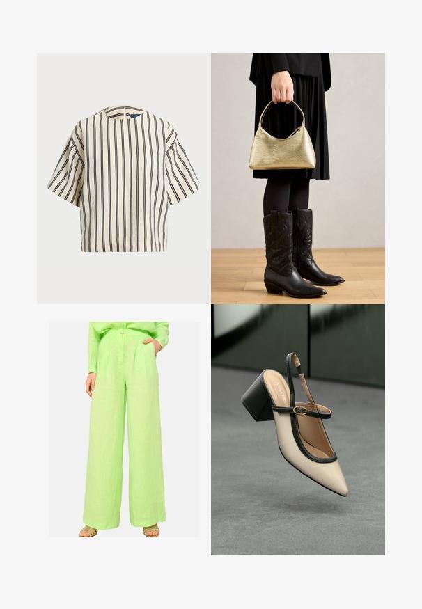 Kreemjas ja tumesinises triibuline lühikeste varrukatega top, millel on ümmargune kaelus ja kastmine disain, valmistatud tekstuurses kangas.; Heledad heledad rohelised lõhikud, mis on valmistatud linast, koos ees oleva nööbi sulgemise ja küljetaskutega, pehme ja tekstuuriga viimistlusega.; Beesidega teravatoe slingback king, musta äär ja kuldne pandla, tummise plokk-kontsa peal hallil põrandal tumesinise tausta ees.; Kuldse tekstuuriga kott, millel on kõver kuju ja lühike käepide, hoiab inimene, kes kannab musta plisseerkätikut ja musti nahast cowboy-saapaid.