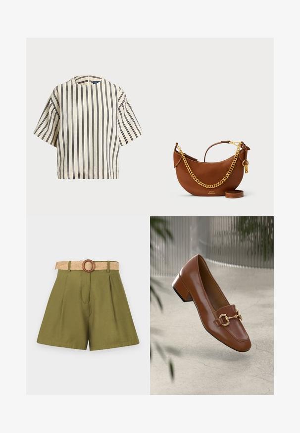 Kreklus, svītrainā blūze ar īsām piedurknēm, krēmkrāsā un tumši zilā tonī, ar apaļu apkakli un kvadrātveida dizainu, izgatavota no teksturētas auduma.; Olīvzaļas šortas ar piegriezumu, kurām ir austs salmu josta un koka gredzena sprādze. Gluda tekstūra, izsmalcināts dizains ar tīrām līnijām.; Brūni lakoti ādas loaferi ar kvadrātu purngalu, metālisku ķēdes akcentu un zemu blokveida papēdi; gluda tekstūra, minimālisma dizains.; Brūns ādas rokassomu ar izliekta dizaina, zelta ķēdes siksnu, iekšējo kabatu un noņemamu plecu siksnu. Ievērojama kontrastējoša šuvuma detaļa.