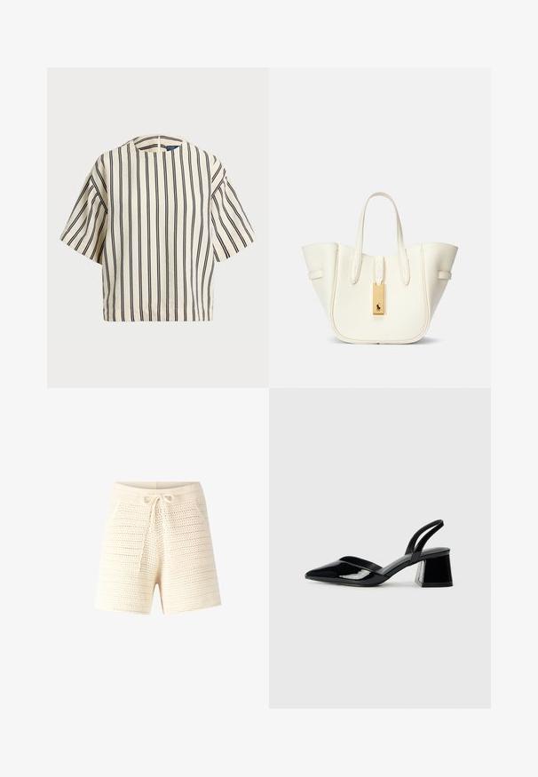 T-shirt à manches courtes, rayé crème et marine, présentant un col rond et un design boxy avec un tissu texturé.; Shorts tricotés de couleur crème avec une texture à maille ouverte. Dotés d'une taille avec cordon de serrage et de deux poches avant. Design décontracté, coupe mi-longue.; Escarpins en cuir verni noir avec bout pointu et talon bloc géométrique. Présente un design élégant et minimaliste ainsi qu'une texture lisse.; Sac fourre-tout en cuir blanc avec une forme structurée, des coutures marquées, une étiquette en matériel doré et deux poignées. Surface texturée avec des poches latérales.