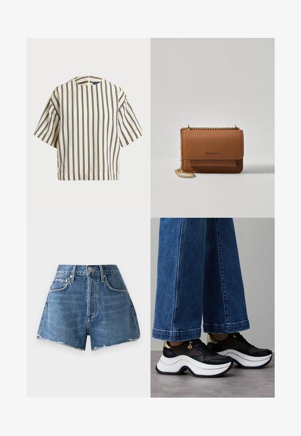 T-skjorte med korte ermer, stripet i kremfarge og marineblå, med rund hals og en boxy design i en strukturert stoff.; Høyt midjede denimshorts i lys blå, med en frynset kant, fem lommer og metallknapp-lukking. Laget av slitesterk bomullsmateriale.; Svarte og gullfargede sneakers med buet hvit såle. Strukturert stoff med logodetaljer. Kombinert med vide blå denimbukser.; Brun teksturert lær crossover-veske med gullkjede-stropp og klaffelukking. Fronten har logo-detalj og en lomme under klaffen.