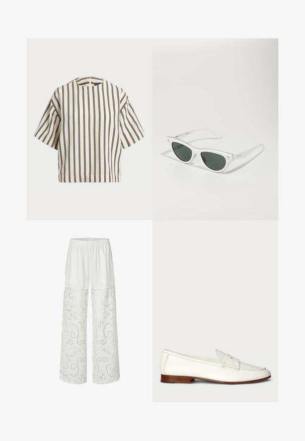 Kratki rukavi, prugasti top u krem i tamnoplavoj boji, sa okruglim izrezom i kutijastim dizajnom od teksturirane tkanine.; Bijele lanene hlače s elastičnom trakicom u struku, s složenim cvjetnim i spiralnim vezom duž donjeg dijela. Široka kroja.; Bijele kožne mokasine s teksturiranim završetkom, zaobljenim vrhom i pletenim detaljem. Nizak drveni potplat i minimalistički dizajn.; Bijele mačkaste sunčane naočale s tamnim lećama, zlatnim detaljima na okviru i logom sa strane. Glatki plastični materijal.