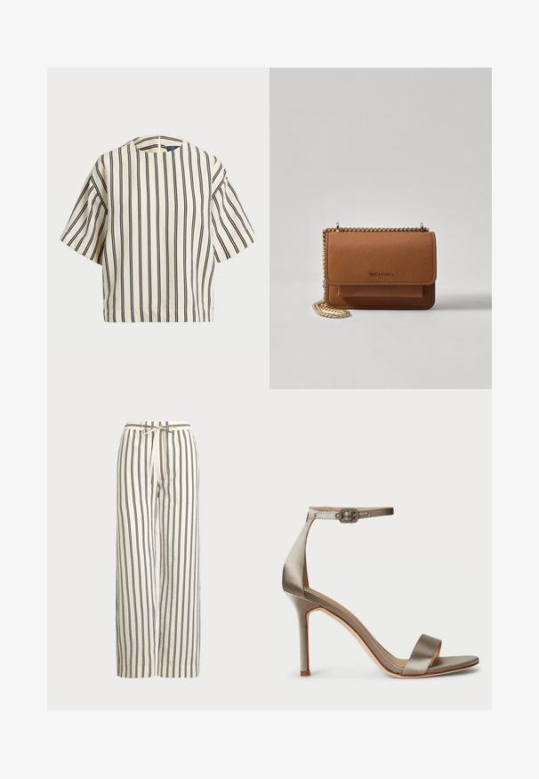 Top de manga curta, riscado em creme e azul marinho, com decote redondo e design boxy em tecido texturizado.; Calças de perna larga em tecido creme com riscas verticais em azul-marinho. Apresenta uma cintura elástica com cordão, proporcionando um ajuste relaxado e textura.; Sandal com salto alto em cetim prateado, com uma faixa no tornozelo e um fivela decorativa. Ponta aberta e design elegante e esguio.; Bolsa crossbody de couro texturizado castanho com alça de corrente dourada e fecho com aba. A parte da frente apresenta detalhe do logótipo e um bolso sob a aba.