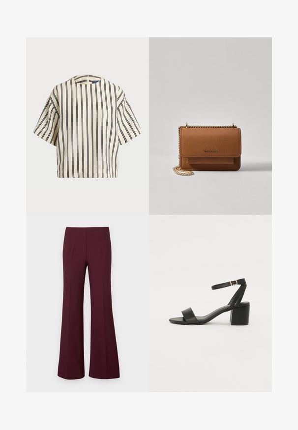Kratki rukavi, prugasti top u krem i tamnoplavoj boji, sa okruglim izrezom i kutijastim dizajnom od teksturirane tkanine.; Hlače s visokim strukom, burgundske boje, s razdjelima sprijeda i krojem koji se prilagođava tijelu, prikazane na bijeloj pozadini.; Crne sandale na visoku petu s glatkim kožnim gornjim dijelom, otvorenom kapicom, širokim prednjim trakama i podesivim remenom oko gležnja s detaljem zlatne kopče.; Smeđa kožna torba preko tijela s teksturom, zlatnim lančićem i preklopom na zatvaranju. Na prednjoj strani nalazi se detalj s potpisom i džep ispod preklopa.