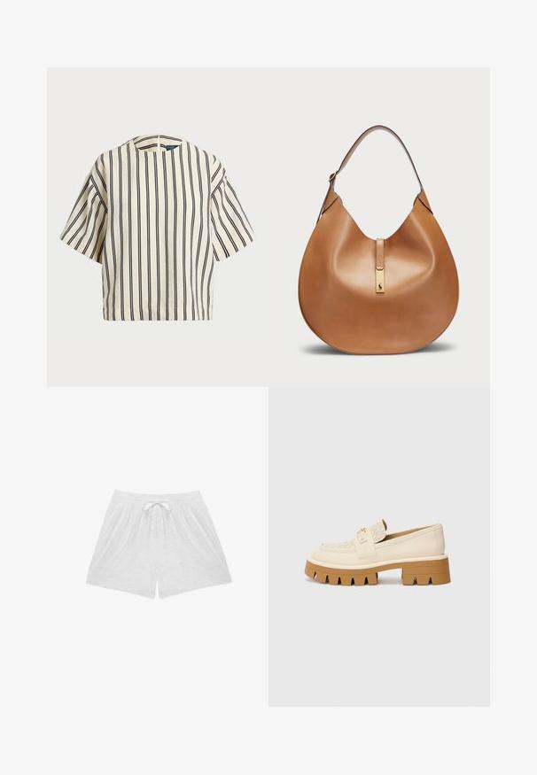 Korte mouwen, gestreepte top in crème en marineblauw, met een ronde halslijn en een boxy ontwerp van een textuurstof.; Witte katoenen shorts met een elastische tailleband en een trekkoord, versierd met bloemenborduursel en een ademende textuur.; Beige instappers met een gestructureerde crèmekleurige band, voorzien van een chunky bruine zool met tandachtige patronen. Gouden accent op het gespdetail.; Tan leren handtas met een gebogen vorm en een brede schouderband. Heeft een gouden metalen accent in het midden en een gladde textuur.