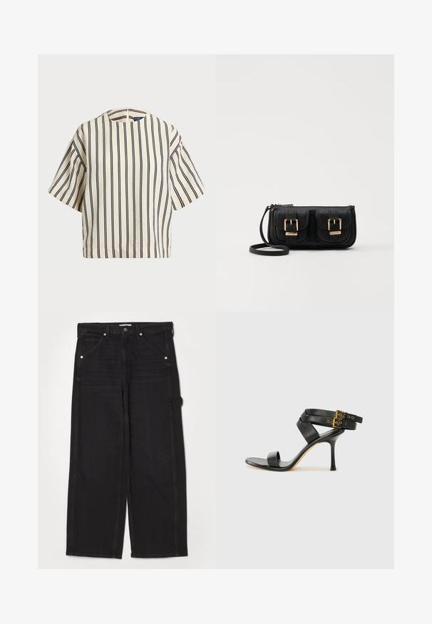Krátký rukáv, pruhované tričko ve krémové a námořnické barvě, s kulatým výstřihem a širokým střihem z texturovaného materiálu.; RE/DONE PAINTER JEAN - Džíny Relaxed Fit - crafted black; Černé sandály na podpatku s kříženými popruhy a nastavitelnou sponou. Mají hladký povrch a špičatý stiletto podpatek.; Černá kožená crossbody taška se dvěma předními kapsami, zlatými přezkami, zipovým uzávěrem a štíhlým popruhem. Texturovaný povrch a kompaktní obdélníkový tvar.