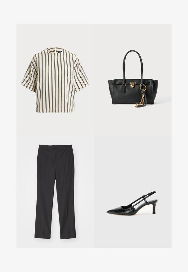 Rövid ujjú, csíkos felső krém és tengerészkék színben, kerek nyakkivágással és dobozos fazonnal, texturált anyagból.; Fekete, szabott nadrág egyenes szárú dizájnnal, övhurkokkal és sima textúrával, könnyű anyagból készült.; Fekete lakk slingback sarok, hegyes orral, texturált kígyómintával, állítható pánttal és rövid, texturált tömbsarkal.; Fekete bőr kézitáska dupla fogantyúkkal, aranyzárral és lánc részletekkel, fekete-fehér bojt kiegészítővel, fehér háttéren.