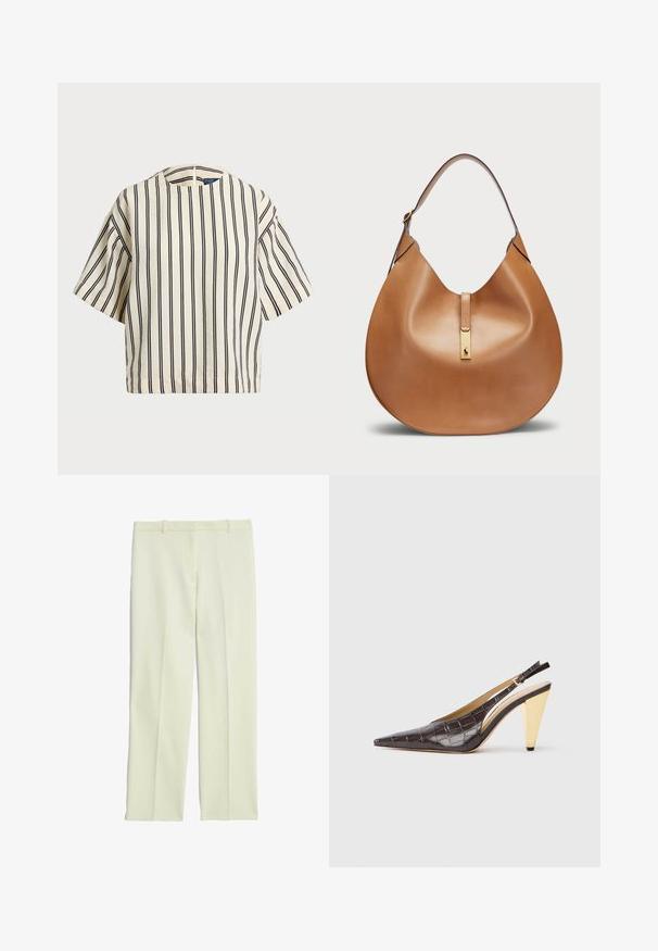 Korte mouwen, gestreepte top in crème en marineblauw, met een ronde halslijn en een boxy ontwerp van een textuurstof.; Crème-kleurige op maat gemaakte broek met een recht model, met een platte voorkant, riemlussen en een soepele textuur.; Puntige slingback hak in donkerbruin glanzend faux krokodillenleer. Kenmerkt zich door een goudkleurige geometrische hak en een verstelbare enkelband.; Tan leren handtas met een gebogen vorm en een brede schouderband. Heeft een gouden metalen accent in het midden en een gladde textuur.