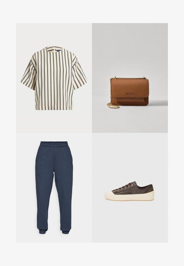 Krótki rękaw, paskowana bluzka w kolorze kremowym i granatowym, z okrągłym dekoltem i pudełkowym krojem, wykonana z fakturowanej tkaniny.; Granatowe spodnie dresowe wykonane z miękkiego, strukturalnego materiału, z elastycznym paskiem w talii, zwężającymi się mankietami oraz subtelnym logo na lewym udzie.; Brązowe trampki z wzorem na płótnie, złote oczka, sznurowanie oraz biała gumowa osłona palców i podeszwa. Charakteryzujące się teksturowanym wykończeniem.; Brązowa skórzana torba na ramię z teksturą, z złotym łańcuszkiem i zapięciem na klapkę. Z przodu znajduje się detal z logo oraz kieszeń pod klapką.