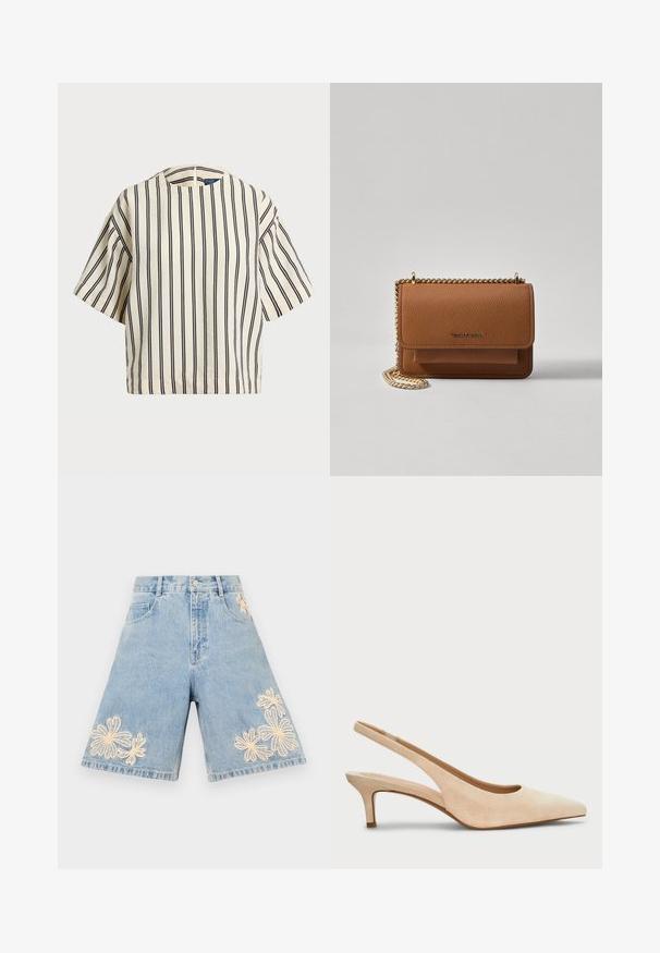 Top de manga curta, riscado em creme e azul marinho, com decote redondo e design boxy em tecido texturizado.; Alemais CHARLENE - Calções de ganga - light wash; Lauren Ralph Lauren LOLAH II SUEDE SLINGBACK PUMP - Saltos clássicos - sand dune; Bolsa crossbody de couro texturizado castanho com alça de corrente dourada e fecho com aba. A parte da frente apresenta detalhe do logótipo e um bolso sob a aba.