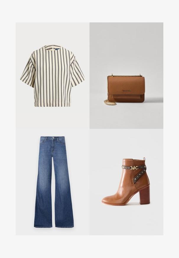 T-skjorte med korte ermer, stripet i kremfarge og marineblå, med rund hals og en boxy design i en strukturert stoff.; Vidde-jeans i en middels blå vask, med fem lommer, beltehemper og knappelukking. Glatt tekstur med en lett falming.; Brune lær ankle boot med stablet blokhæl, sidestraps med guldnitter og en guld "MK" logo spænde.; Brun teksturert lær crossover-veske med gullkjede-stropp og klaffelukking. Fronten har logo-detalj og en lomme under klaffen.