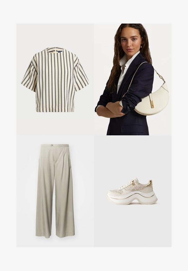 Korte mouwen, gestreepte top in crème en marineblauw, met een ronde halslijn en een boxy ontwerp van een textuurstof.; Lichtgrijze wijde broek, gemaakt van een textuurfabric, met plooien aan de voorkant en een enkele knoopsluiting bij de taille.; Beige en gouden platform sneaker met "MK" patroon, vetersluitingen aan de voorkant, gouden bedel en dikke golvende zool tegen een effen achtergrond.; Witte leren handtas met een ronde vorm, gouden details en een gestructureerde afwerking, gedragen over een donkere blazer en een wit shirt.