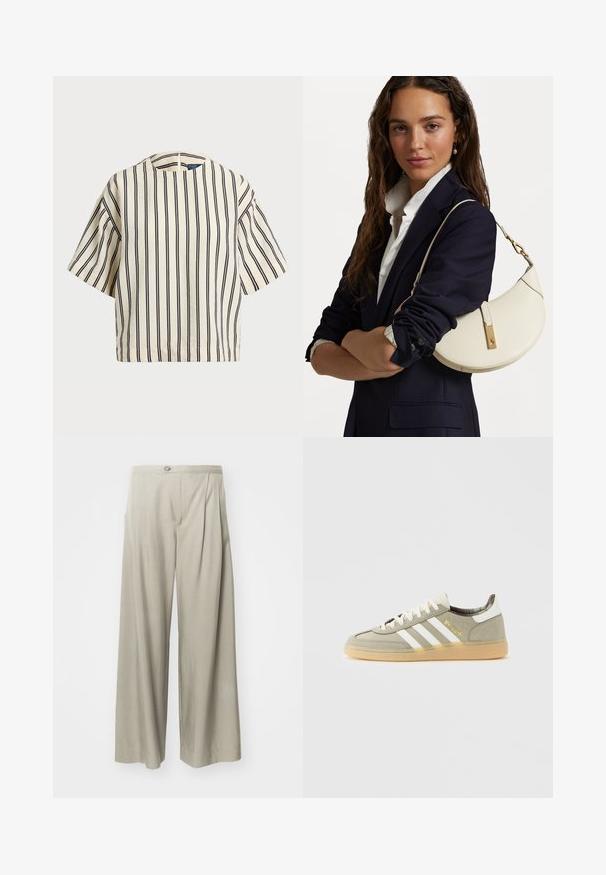 Kratek rokav, prugast top v kremni in mornarsko modri barvi, z okroglim izrezom in kvadratnim dizajnom ter teksturirano tkanino.; Svijetlosive široke hlače, koje imaju teksturirani materijal, nabore sprijeda i jedan gumb za zatvaranje u struku.; Sive zimske športne copate z belimi črtami, zlatimi detajli in teksturiranim gumijastim podplatom. Imajo karirano podlogo in nizko zasnovo.; Bela usnjena torbica s ukrivljeno obliko, z zlatimi dodatki in teksturirano površino, nošena čez temen blazer in belo srajco.