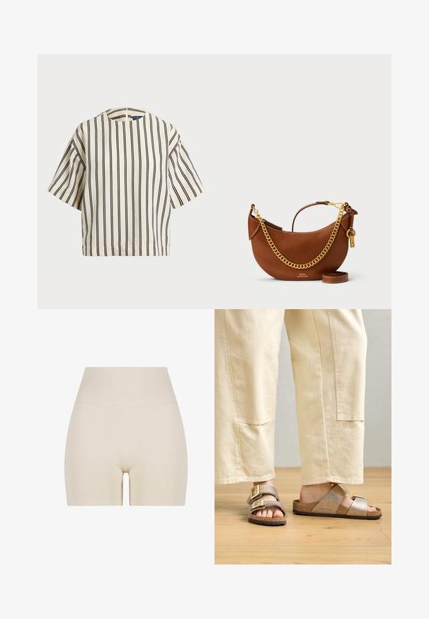 Rövid ujjú, csíkos felső krém és tengerészkék színben, kerek nyakkivágással és dobozos fazonnal, texturált anyagból.; Beige rövidnadrág sima textúrával, magas bordás derékpánttal és rugalmas fazonnal, térd közepéig érő hosszal és látható minták nélkül.; Barna parafa talpú szandálok, két széles pánttal - az egyik szürke, a másik fényes arany. Melynek texturált felülete van, állítható csatokkal a megfelelő illeszkedés érdekében.; Barna bőr kézi táska íves kialakítással, arany lánc pánttal, belső zsebbel és leválasztható vállpánttal. Kontrasztos varrás jellemzi.