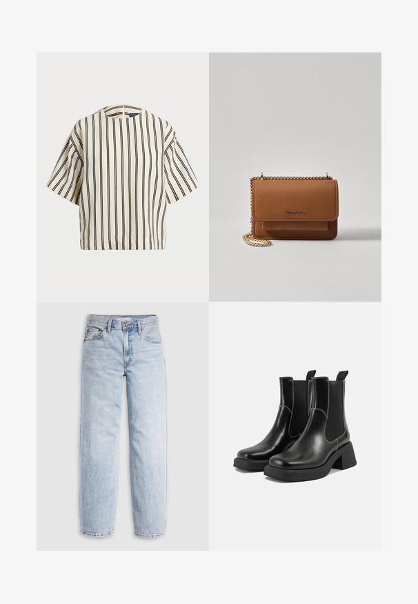 Top de manga corta a rayas en crema y azul marino, con cuello redondo y un diseño cuadrado, confeccionado en una tela texturizada.; Jeans de mezclilla azul claro con cintura alta, corte relajado, piernas rectas y un diseño clásico de cinco bolsillos. Desgastado visible y detalles de costuras.; Botas Chelsea de cuero negro con tacón grueso, paneles laterales elásticos y costuras en blanco que contrastan. Acabado texturizado.; Bolso crossbody de cuero texturizado marrón con correa de cadena dorada y cierre de solapa. La parte frontal presenta un detalle de logo y un bolsillo debajo de la solapa.