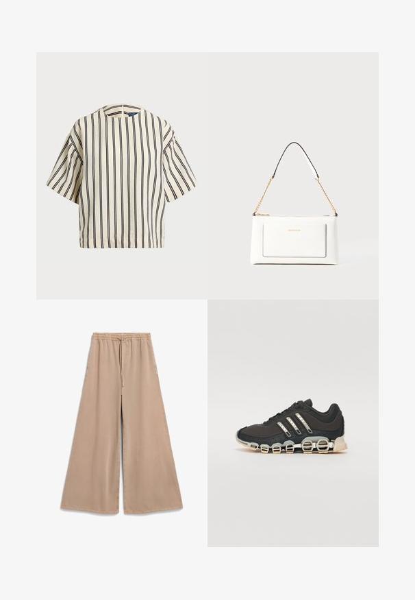 Kurzärmliges, gestreiftes Oberteil in Creme und Marineblau, mit rundem Halsausschnitt und kastiger Form aus strukturiertem Stoff.; Beige weite Hosen mit elastischem Bund und Kordelzug. Weicher Stoff, glatte Textur und lässige Passform mit seitlichen Taschen.; Schwarzer Sportschuh mit einer strukturierten Oberseite, drei silbernen Streifen und einer markanten Dämpfungssohle mit mehreren integrierten Sektionen.; Weißes Lederhandtasche mit strukturierter Oberfläche, ausgestattet mit einem goldenen Kettenriemen und schwarzen Akzenten. Enthält eine Fronttasche und einen Reißverschluss.