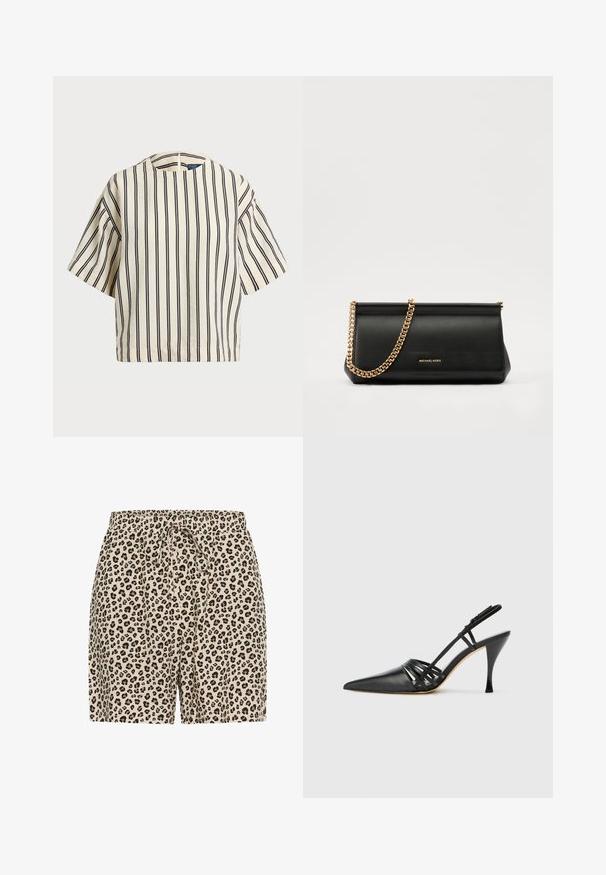 Kortärmad randig topp i krämfärgad och marinblå, med rund halsringning och fyrkantig design i en texturerad tyg.; Leopardmönstrade shorts i beige med svarta och bruna fläckar. Har en elastisk midja med snörning för justering. Lätt material.; Svart läder högklackad slingback-sko med spetsig tå, korsande remdesign och smal stilettklack. Slät textur och minimala accenter.; Svart läderclutch med en guldkedjesjal, med en slät yta, rektangulär form och präglad märkning på framsidan.
