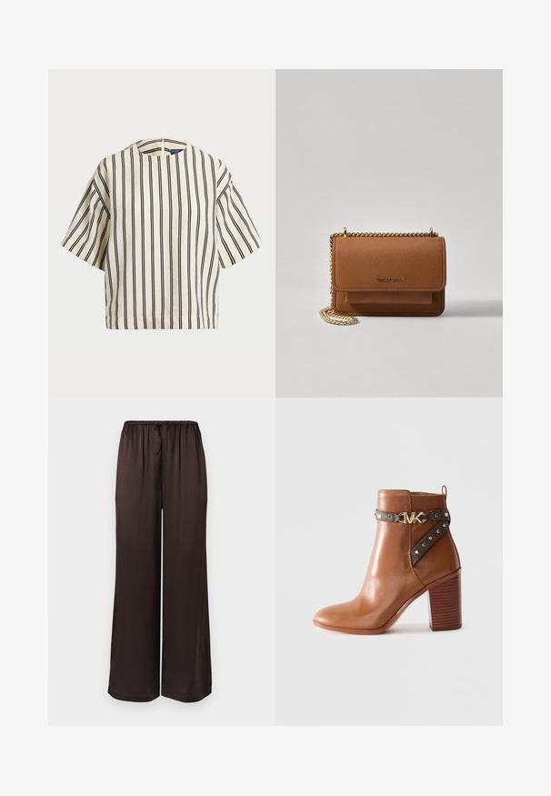 Top de manga corta a rayas en crema y azul marino, con cuello redondo y un diseño cuadrado, confeccionado en una tela texturizada.; Pantalones negros de pierna ancha hechos de tela suave con cintura elástica y cordón. Presentan un diseño suelto y fluido.; Botín de piel marrón con tacón de bloque apilado, correa lateral con remaches dorados y un hebilla con el logo "MK" en dorado.; Bolso crossbody de cuero texturizado marrón con correa de cadena dorada y cierre de solapa. La parte frontal presenta un detalle de logo y un bolsillo debajo de la solapa.