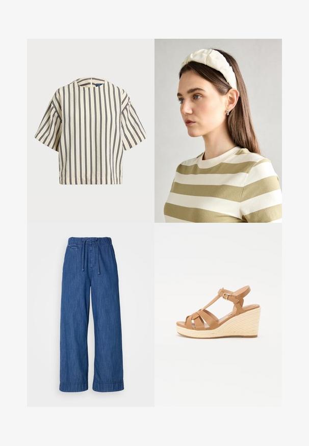 Kreklus, svītrainā blūze ar īsām piedurknēm, krēmkrāsā un tumši zilā tonī, ar apaļu apkakli un kvadrātveida dizainu, izgatavota no teksturētas auduma.; Zilas plašās džinsu bikses ar elastīgu jostu un aukliņu, ar nelielu priekšējo kabatu detaļu.; Brūnas siksnu sandales ar krusteniskām siksnām, regulējamu potītes sprādzi un teksturētu auduma espadrilju stila papēdi.; Krēma krāsas pildīta galvassega ar uztinuma dizainu, apvienota ar bēša un baltā svītrainā krekla ar apaļu izgriezumu. Smalkas rotaslietas akcenti.