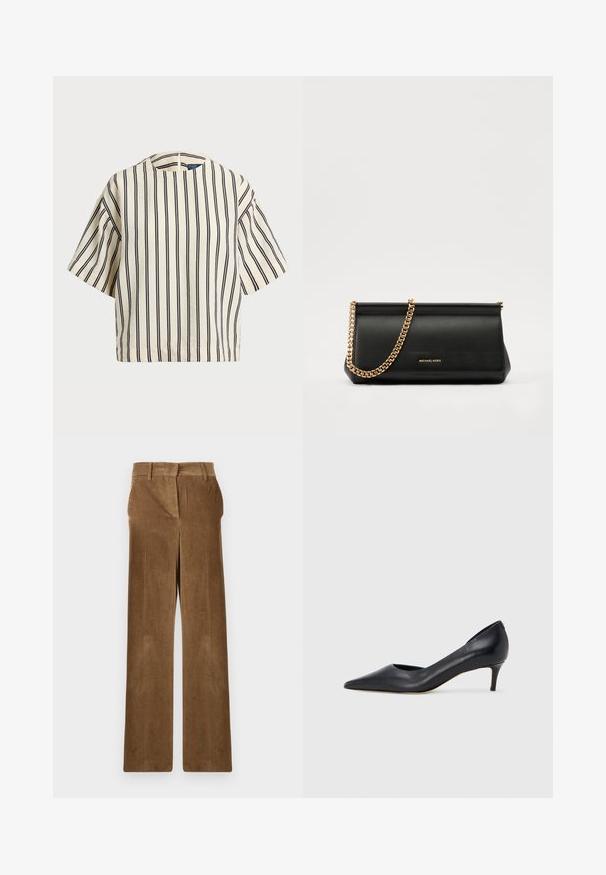 Short-sleeve, striped top in cream and navy, featuring a round neckline and boxy design with a textured fabric.; Brown corduroy wide-leg trousers with belt loops and front pockets, displayed flat against a white background.; Black leather pump with a pointed toe and low heel. Features a smooth texture and subtle sheen. Open cut at the front for added detail.; Black leather clutch bag with a gold chain strap, featuring a smooth texture, rectangular shape, and embossed branding on the front.
