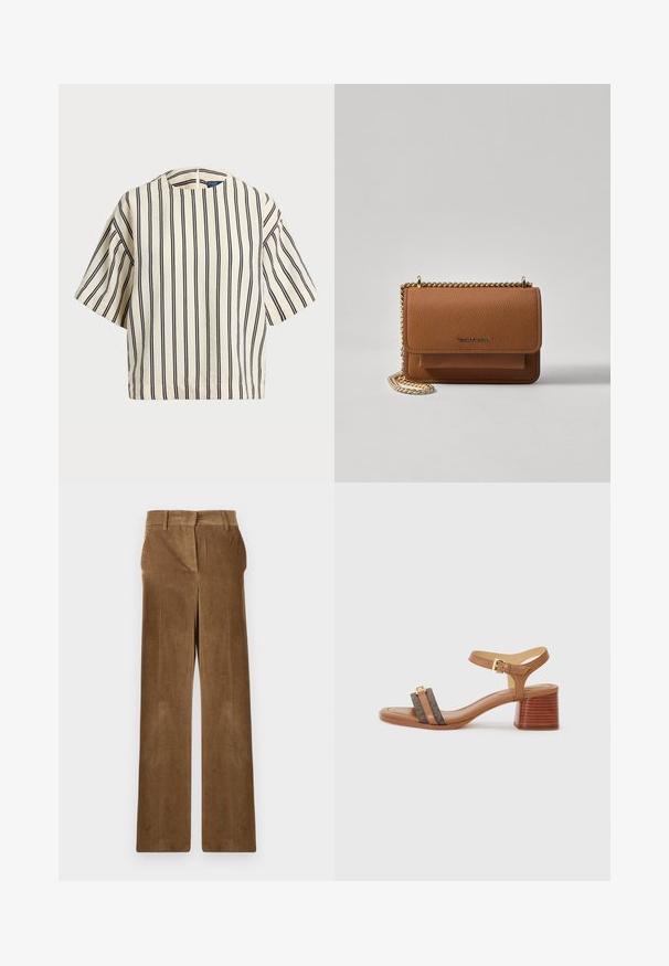 T-shirt à manches courtes, rayé crème et marine, présentant un col rond et un design boxy avec un tissu texturé.; Pantalons en velours côtelé marron à jambes larges avec passants de ceinture et poches avant, présentés à plat sur un fond blanc.; Sandale à talon beige avec un bout carré, deux brides marron foncé et une boucle dorée. Elle présente un talon en bloc empilé et une texture en cuir lisse.; Sac en cuir texturé marron en bandoulière avec une sangle en chaîne dorée et une fermeture à rabat. L'avant présente un détail de logo et une poche sous le rabat.