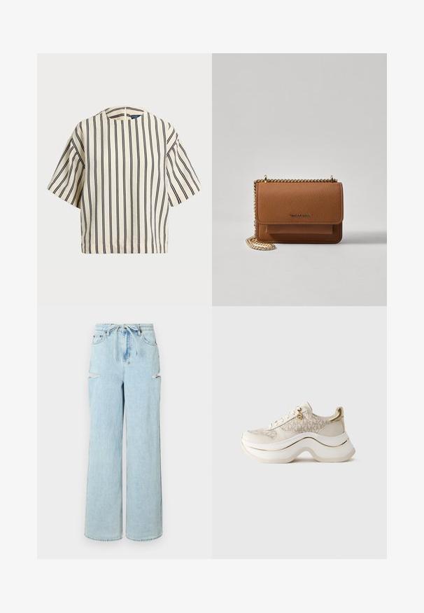 Krótki rękaw, paskowana bluzka w kolorze kremowym i granatowym, z okrągłym dekoltem i pudełkowym krojem, wykonana z fakturowanej tkaniny.; Jasnoniebieskie dżinsowe spodnie w szerokim kroju z elastycznym paskiem, posiadające dwa przetarcia na kolanach i czyste wykończenie. Miękka tekstura i luźny krój.; Beżowe i złote platformowe sneakersy z wzorem "MK", z przodem na sznurówki, złotym zawieszką i grubą falistą podeszwą na jednolitym tle.; Brązowa skórzana torba na ramię z teksturą, z złotym łańcuszkiem i zapięciem na klapkę. Z przodu znajduje się detal z logo oraz kieszeń pod klapką.