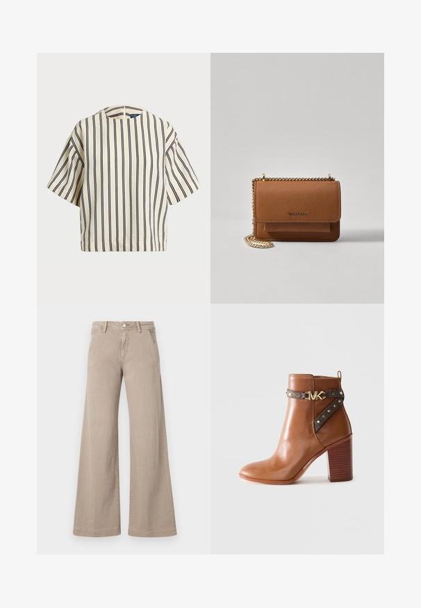 Short-sleeve, striped top in cream and navy, featuring a round neckline and boxy design with a textured fabric.; Beige wide-leg jeans made of cotton with a smooth texture, featuring a front button closure and standard five-pocket design.; Brown leather ankle boot with stacked block heel, side strap featuring gold studs and a gold "MK" logo buckle.; Brown textured leather crossbody bag with gold chain strap and flap closure. Front features logo detail and a pocket under the flap.